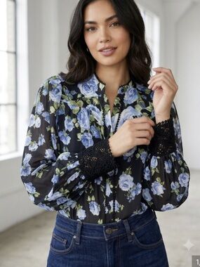 Alice + Olivia Black Floral Lace-Cuff Blouse size L